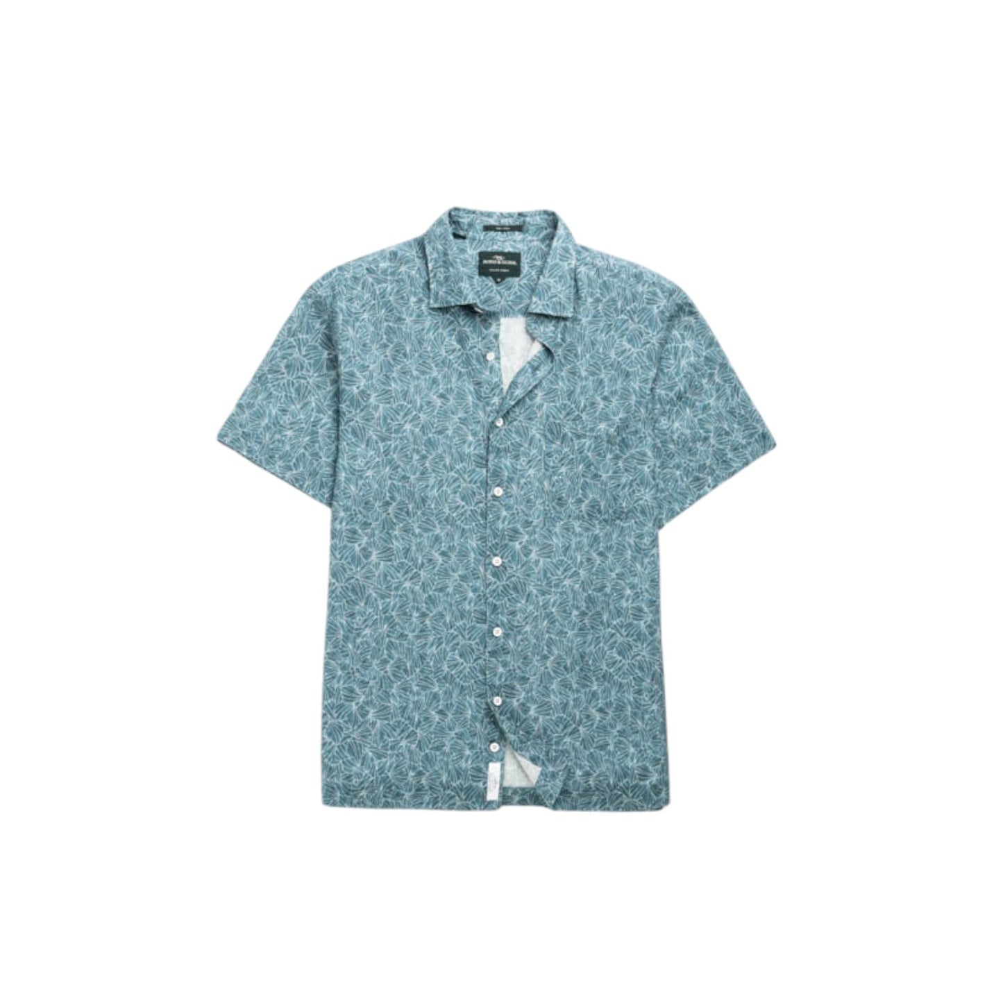 Short-sleeve button-up shirt with a subtle pattern on a white background