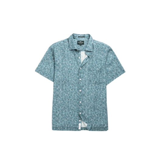 Short-sleeve button-up shirt with a subtle pattern on a white background