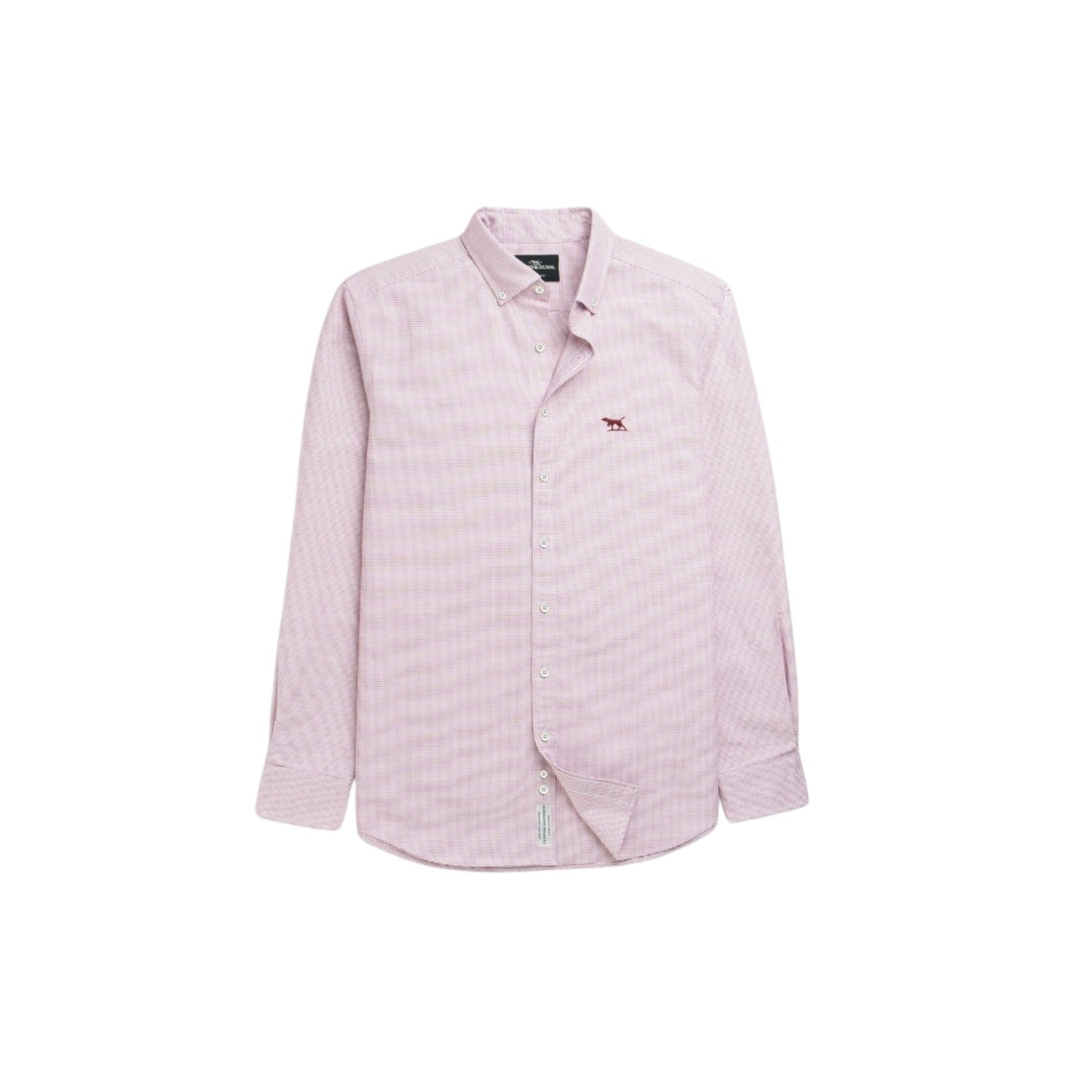 Pink checkered shirt with a small logo on a white background