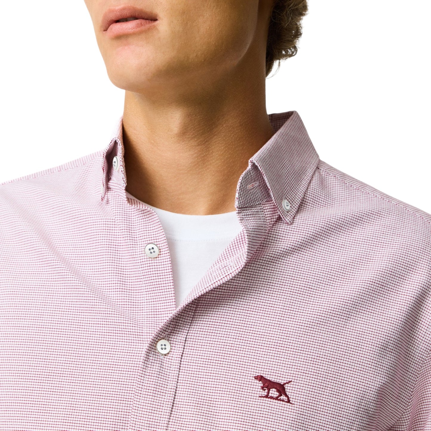 Close-up of a person wearing a red checkered shirt with a small logo on a white background