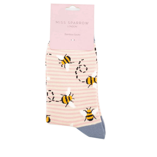 Miss Sparrow Bees Stripes Dusky Pink & Cream Socks