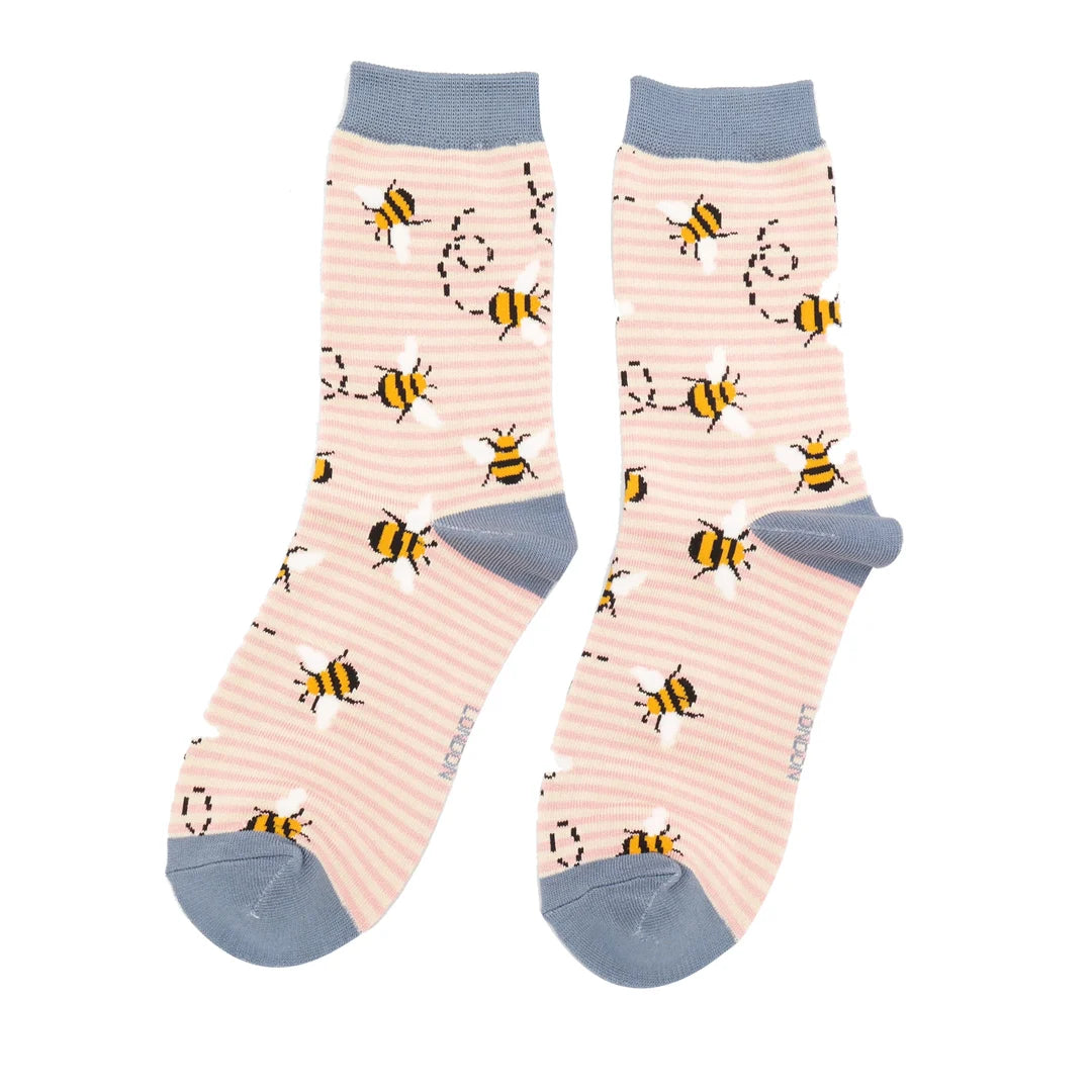 Miss Sparrow Bees Stripes Dusky Pink & Cream Socks