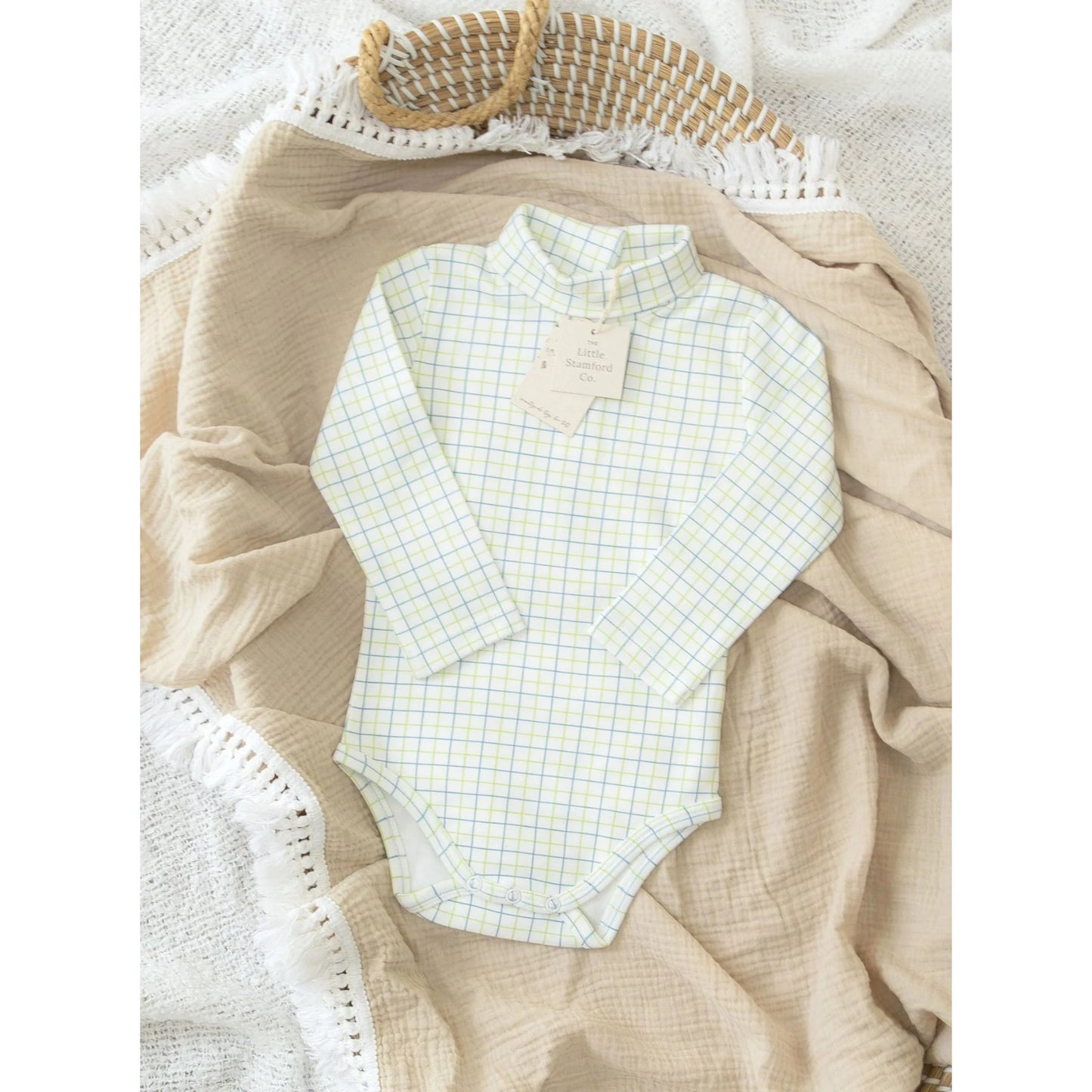 The Little Stamford Co. Tattersall Roll Neck Body Suit / Top - Green