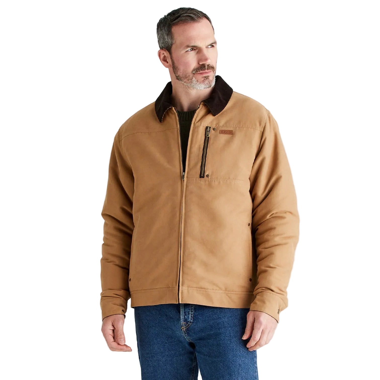 Man wearing a brown jacket on a light gray background