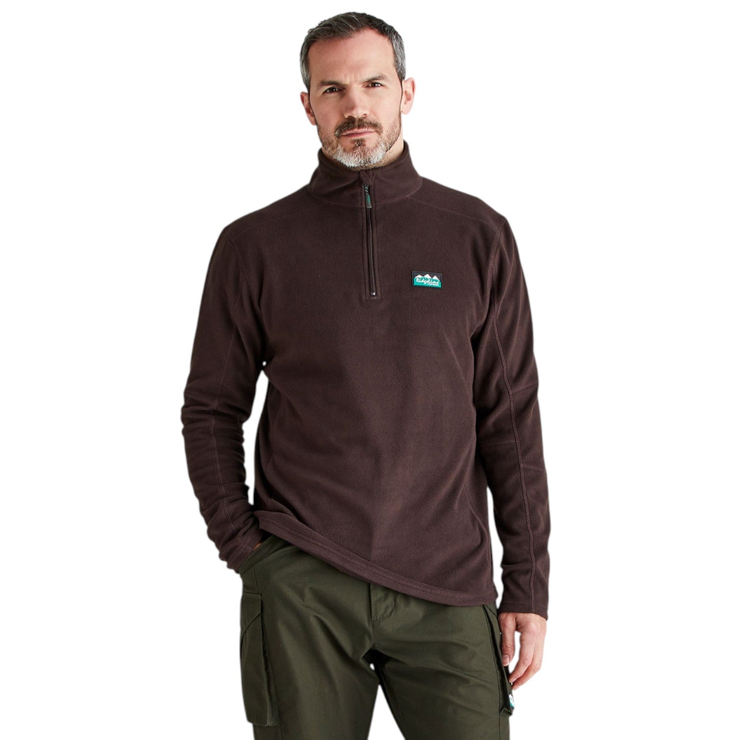 A man wearing a dark brown quarter-zip fleece pullover with a small blue and white mountain logo on the left chest, paired with olive green pants, against a plain white background.