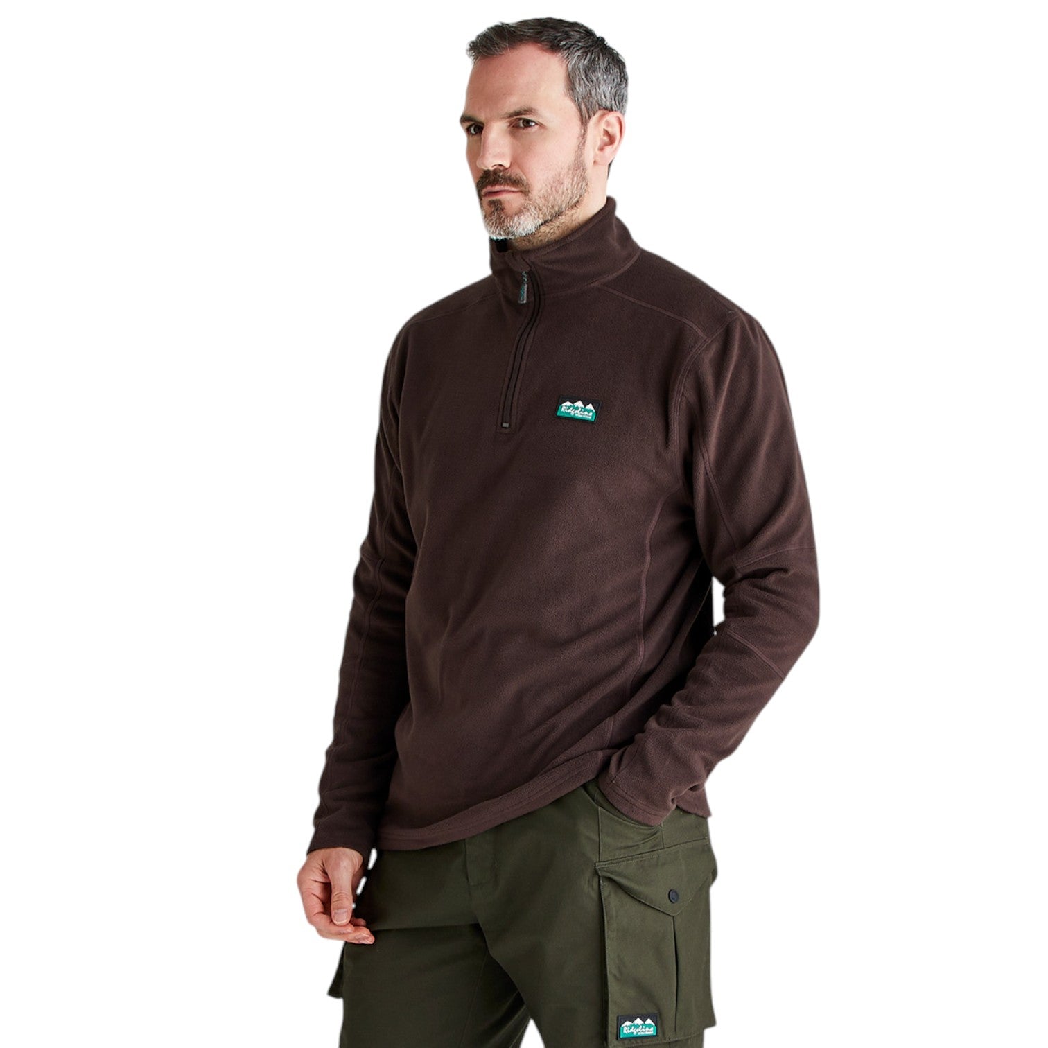 Man wearing a brown fleece pullover with a logo on a light gray background