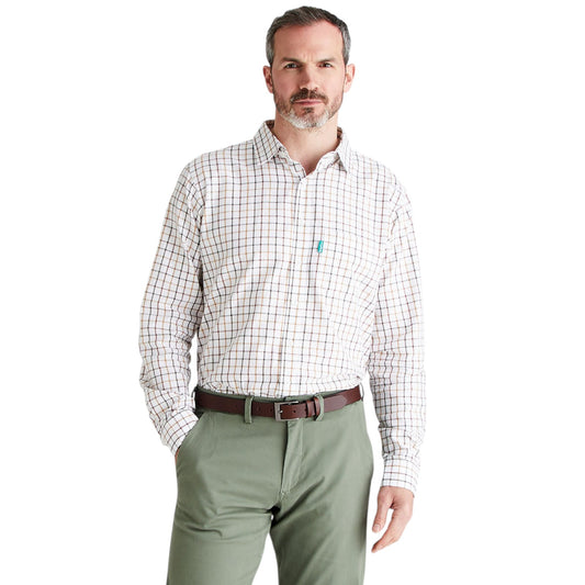 A man wearing a long-sleeve button-down shirt with a white base and a fine red and blue windowpane plaid pattern, paired with olive green trousers and a brown belt, against a solid white background.