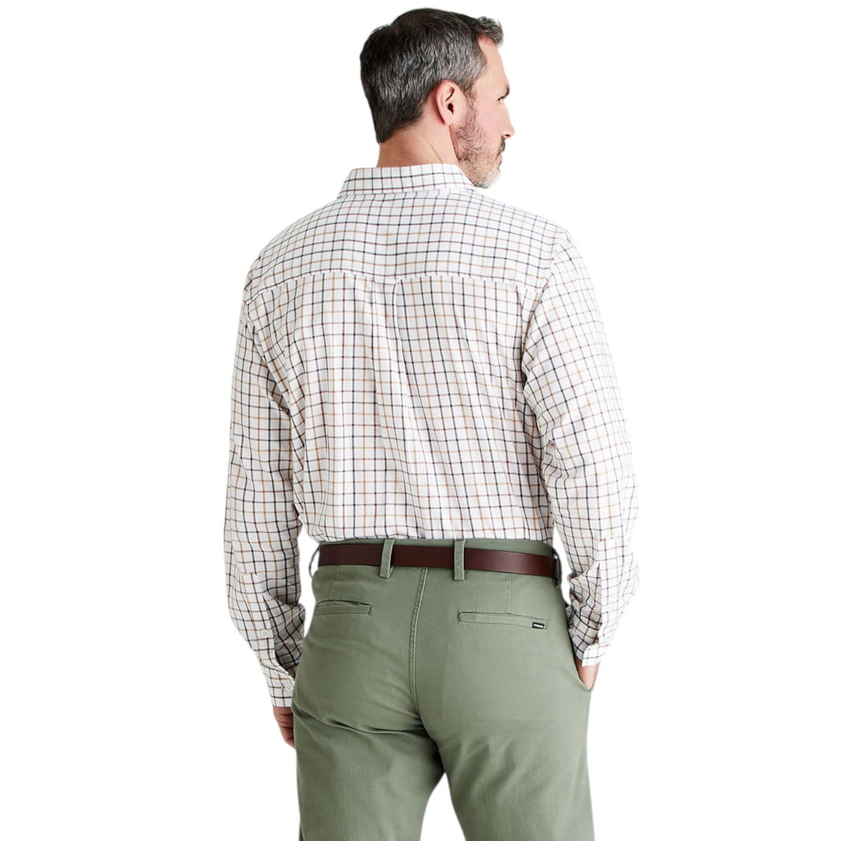 A man shown from the back wearing a long-sleeve plaid button-down shirt in white with thin red and blue lines, paired with olive green trousers and a brown belt, against a plain white background.