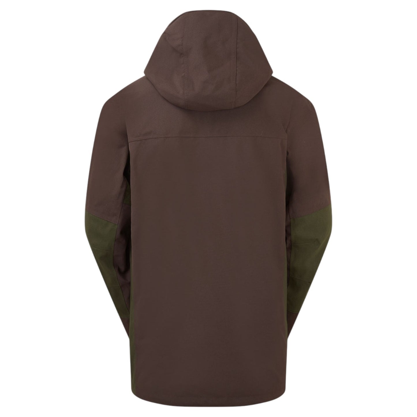A dark brown hooded jacket shown from the back, featuring olive green color blocking on the lower sleeves, set against a plain white background.