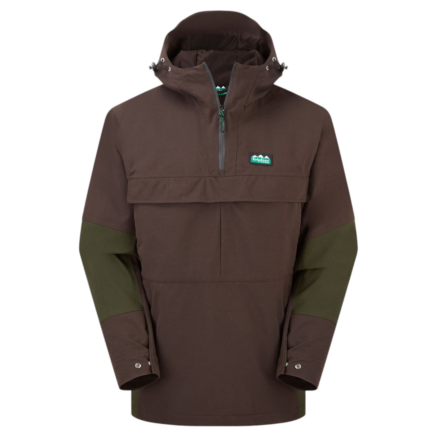 A brown and olive green colorblock pullover jacket with a half-zip neckline, hood, and a small green and white logo patch on the left chest, shown against a plain white background.