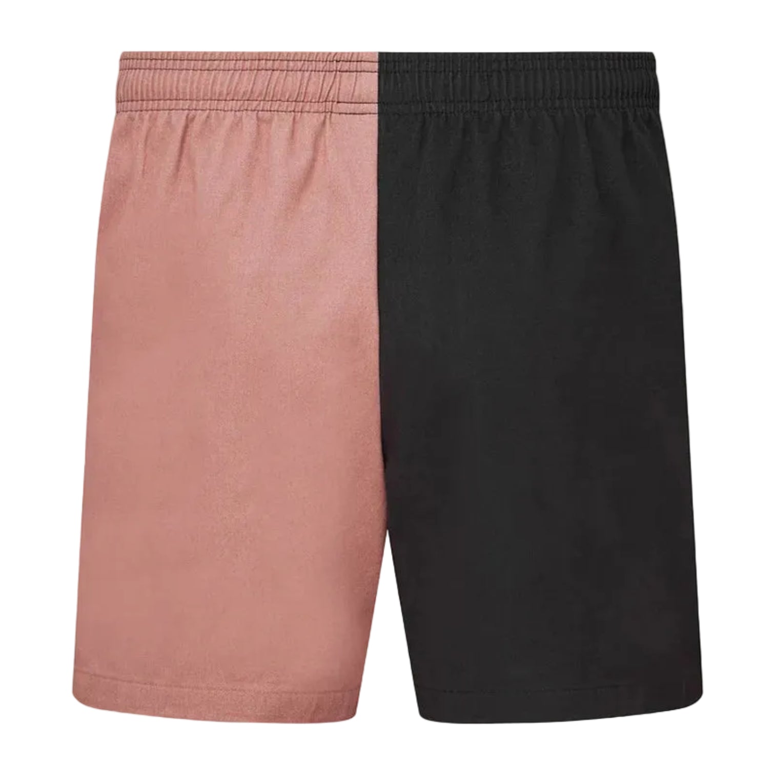 A pair of shorts, pink and black, on a light gray background.