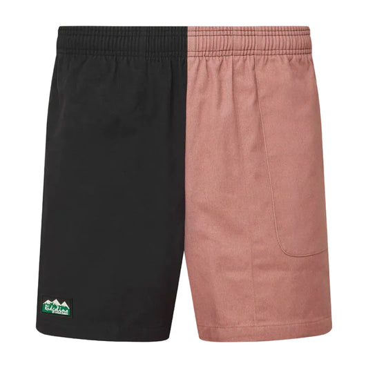 Black and pink shorts with a brand logo on a gray background
