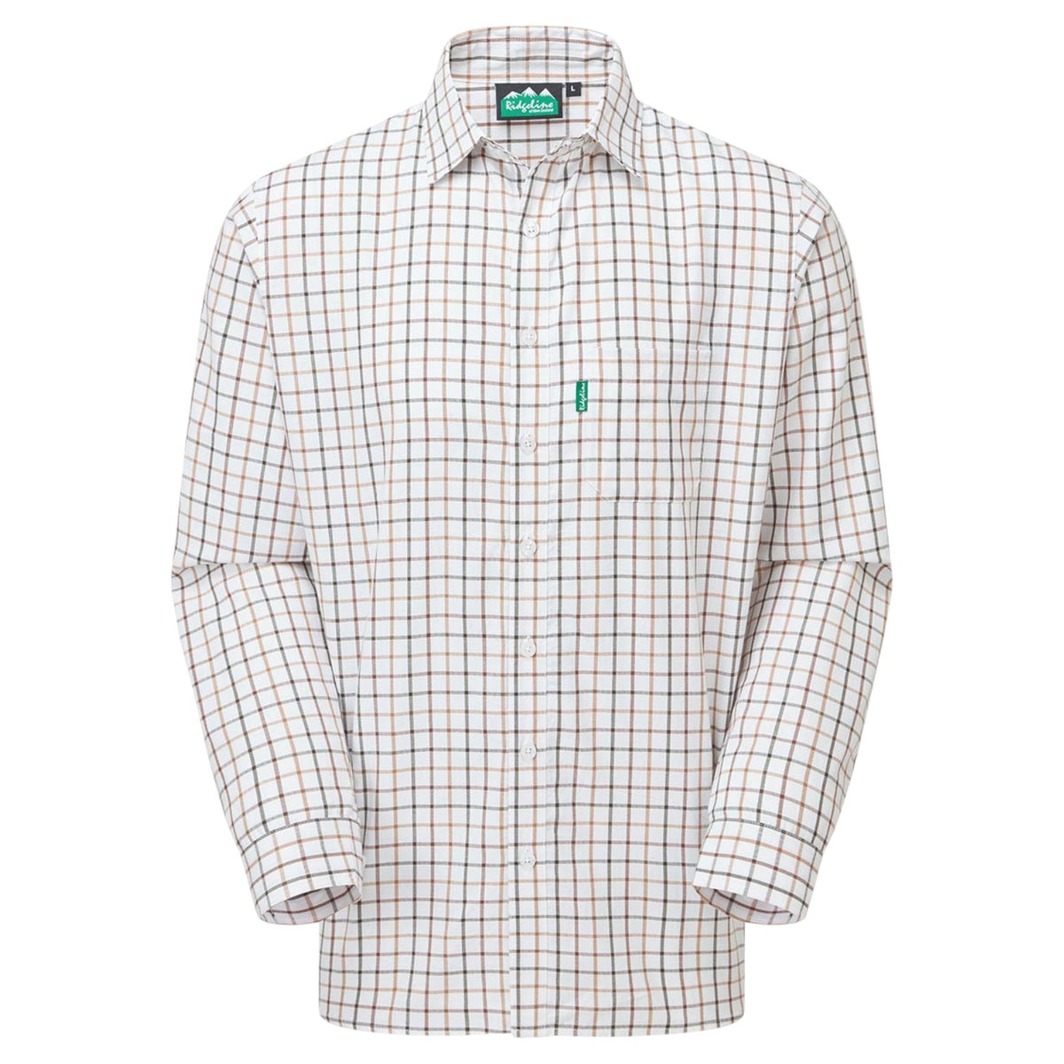 A long-sleeve button-up shirt by Bruges, featuring a white base with a fine green and brown checkered grid pattern. The shirt has a classic collar, a chest pocket with a small green embroidered logo, and is displayed on a clean white background.