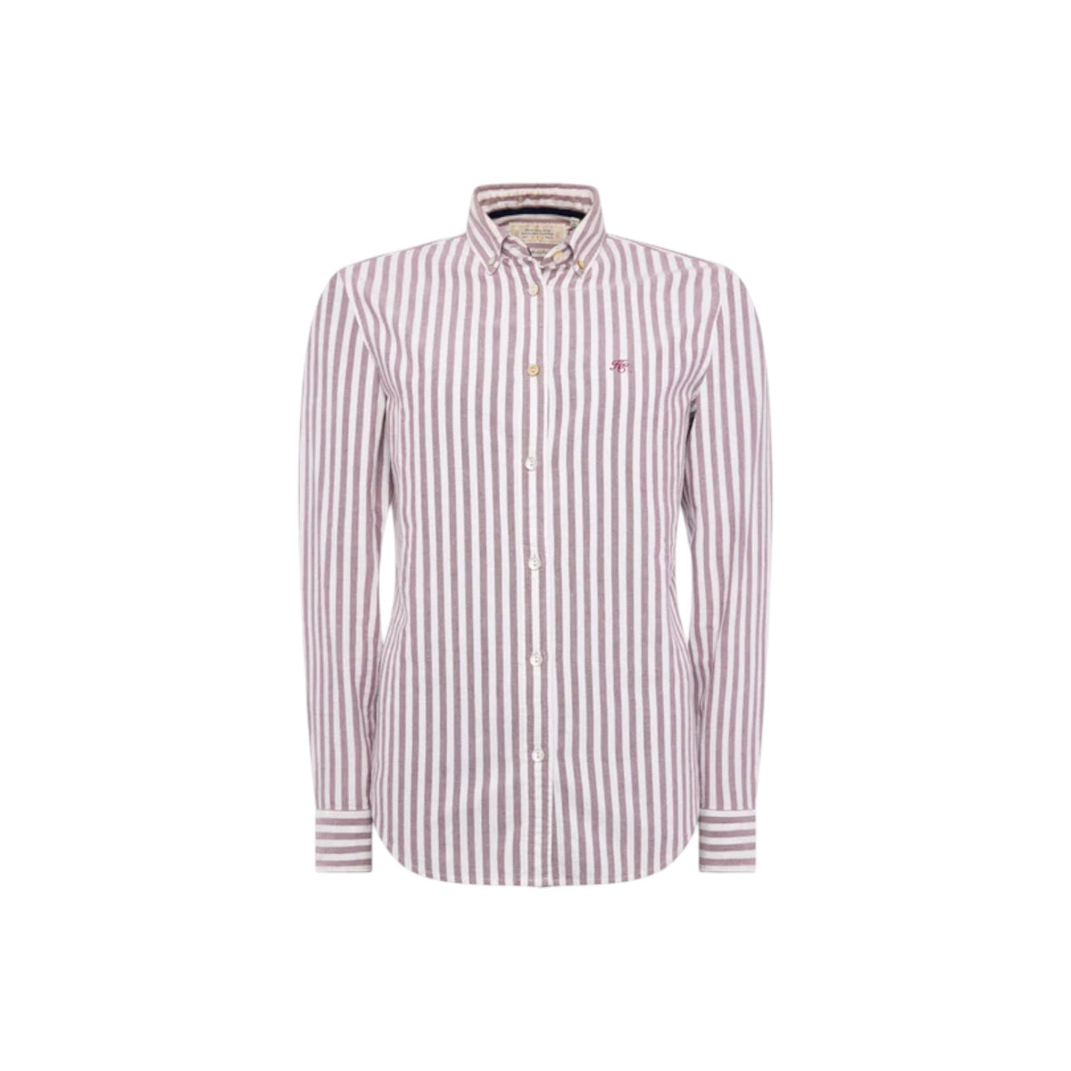 A women's long-sleeve button-down shirt with vertical stripes in dusty pink and white, featuring a classic collar and a small embroidered logo on the left chest.