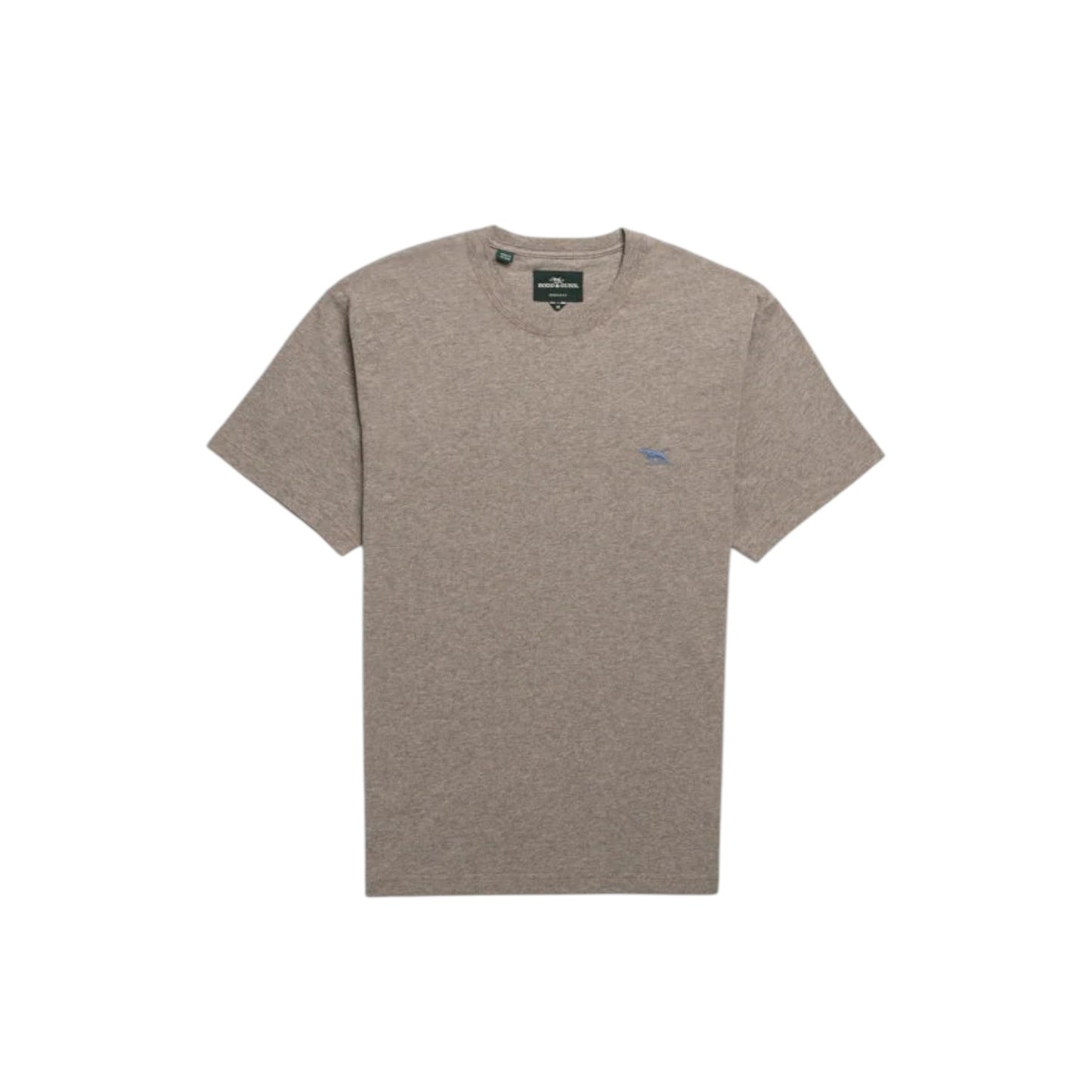 Beige t-shirt with a small logo on a white background