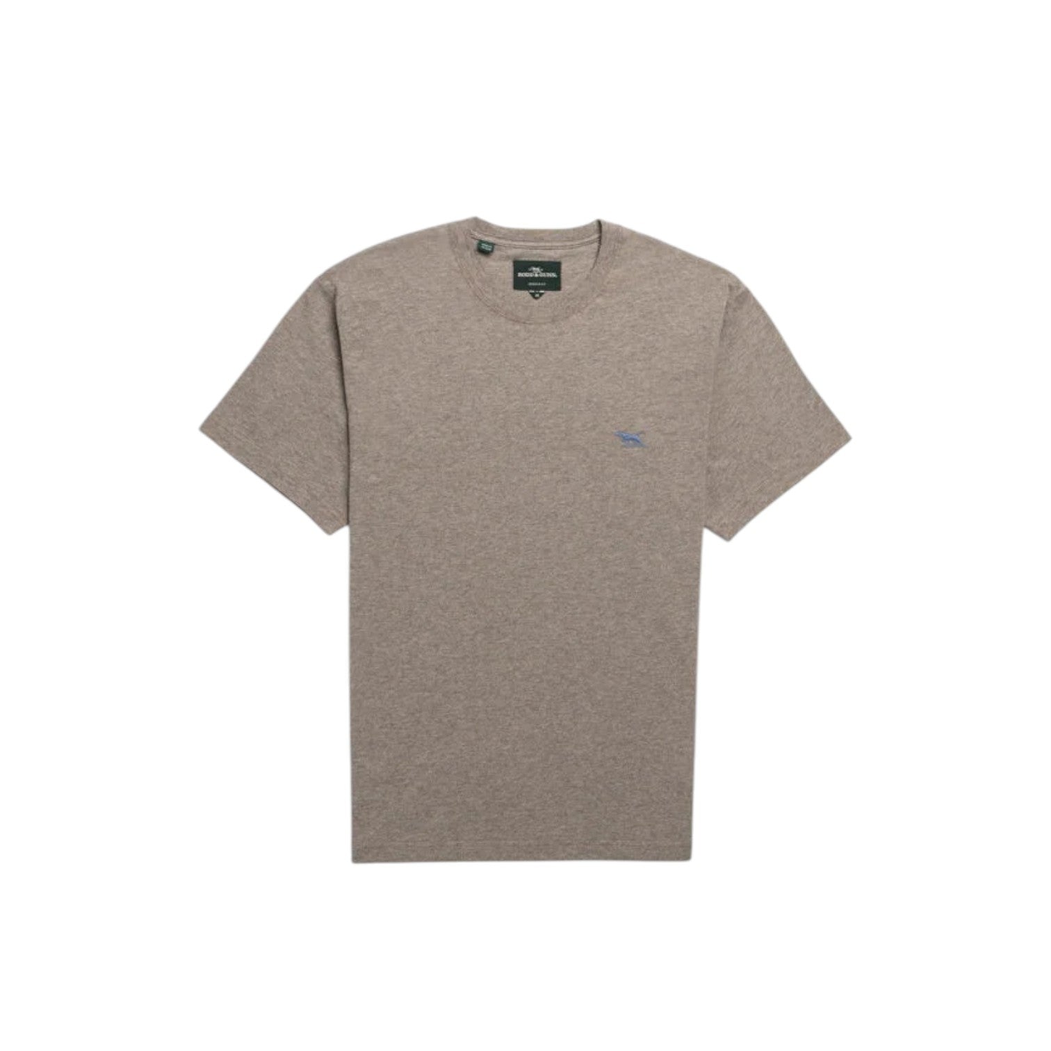 Beige t-shirt with a small logo on a white background