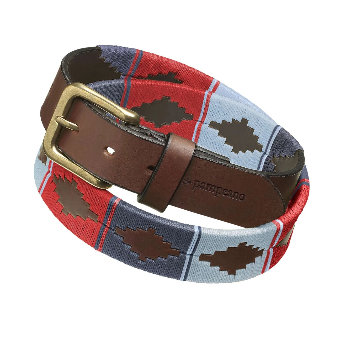 Woven belt with a plaid pattern and brass buckle on a white background