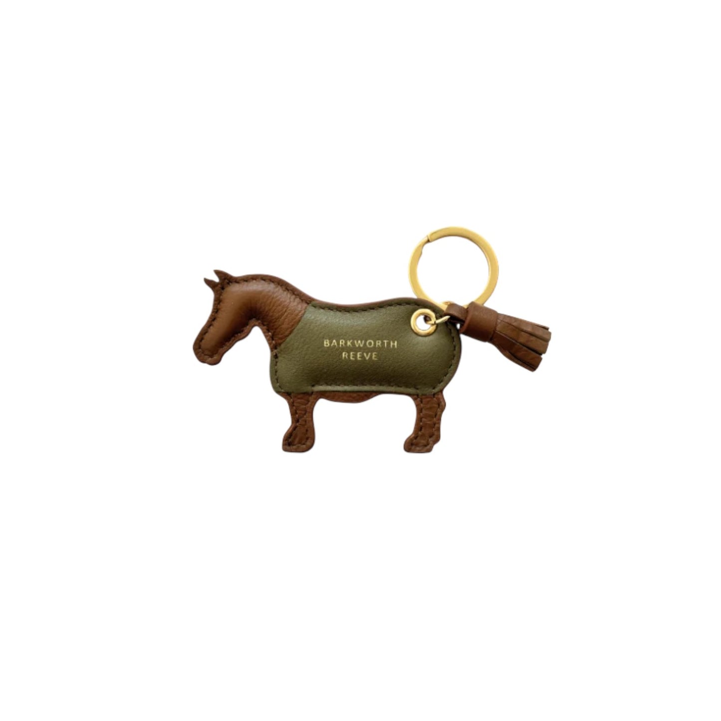 A small horse-shaped leather keychain with an olive green body, brown head and legs, a gold-tone key ring, and a brown tassel. The word 'BARKWORTH REPTILE' is printed on the side.