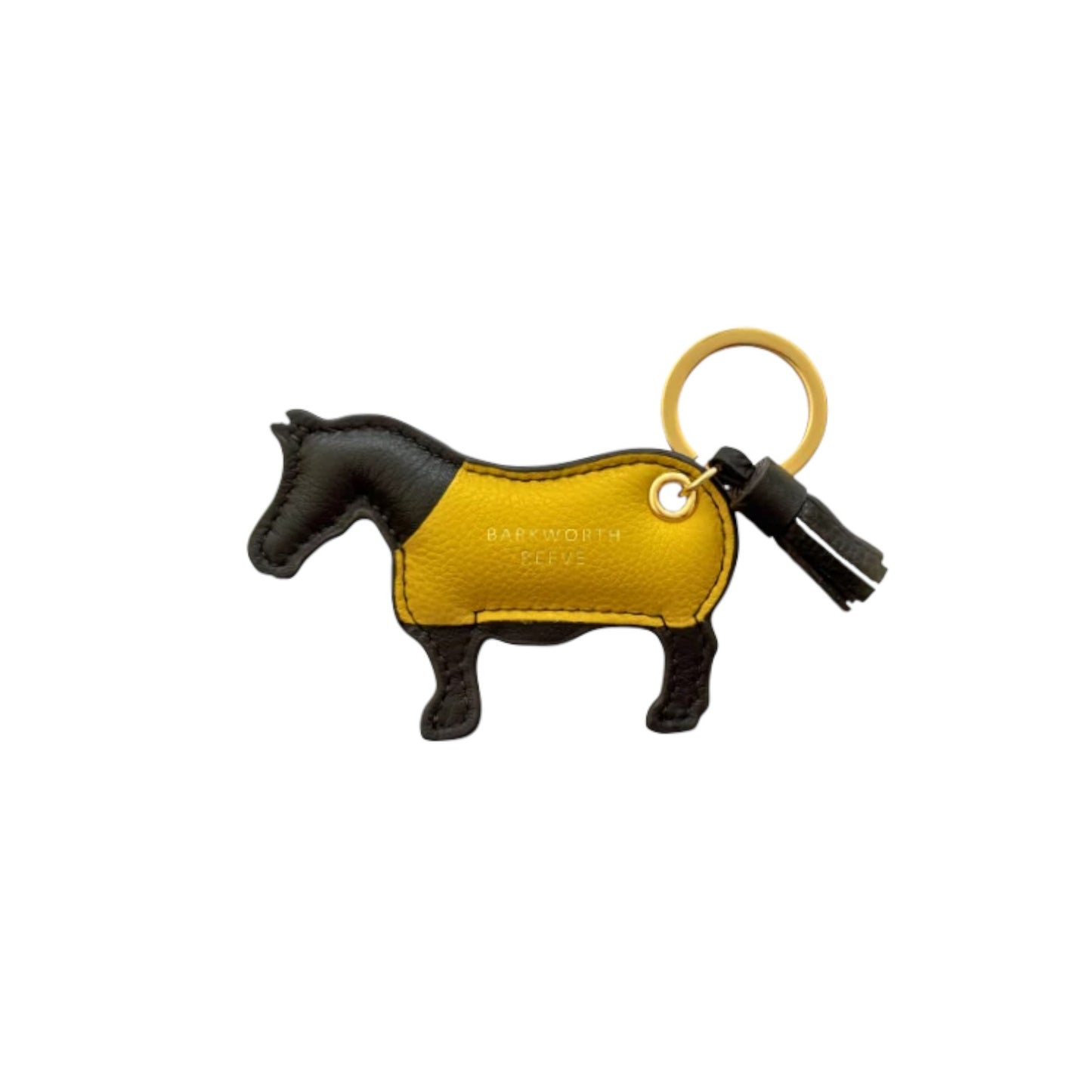 A horse-shaped leather keychain with a black body and a bright yellow belly, attached to a gold key ring and black leather tag on a plain white background.