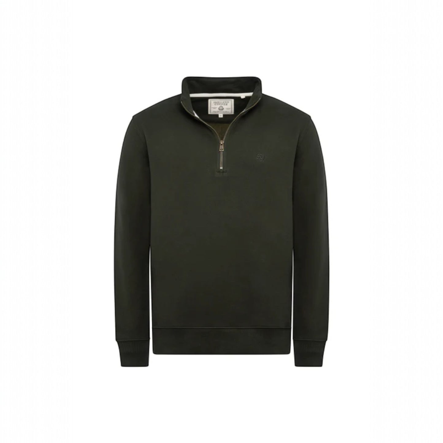 Dark green pullover with a quarter zip on a white background
