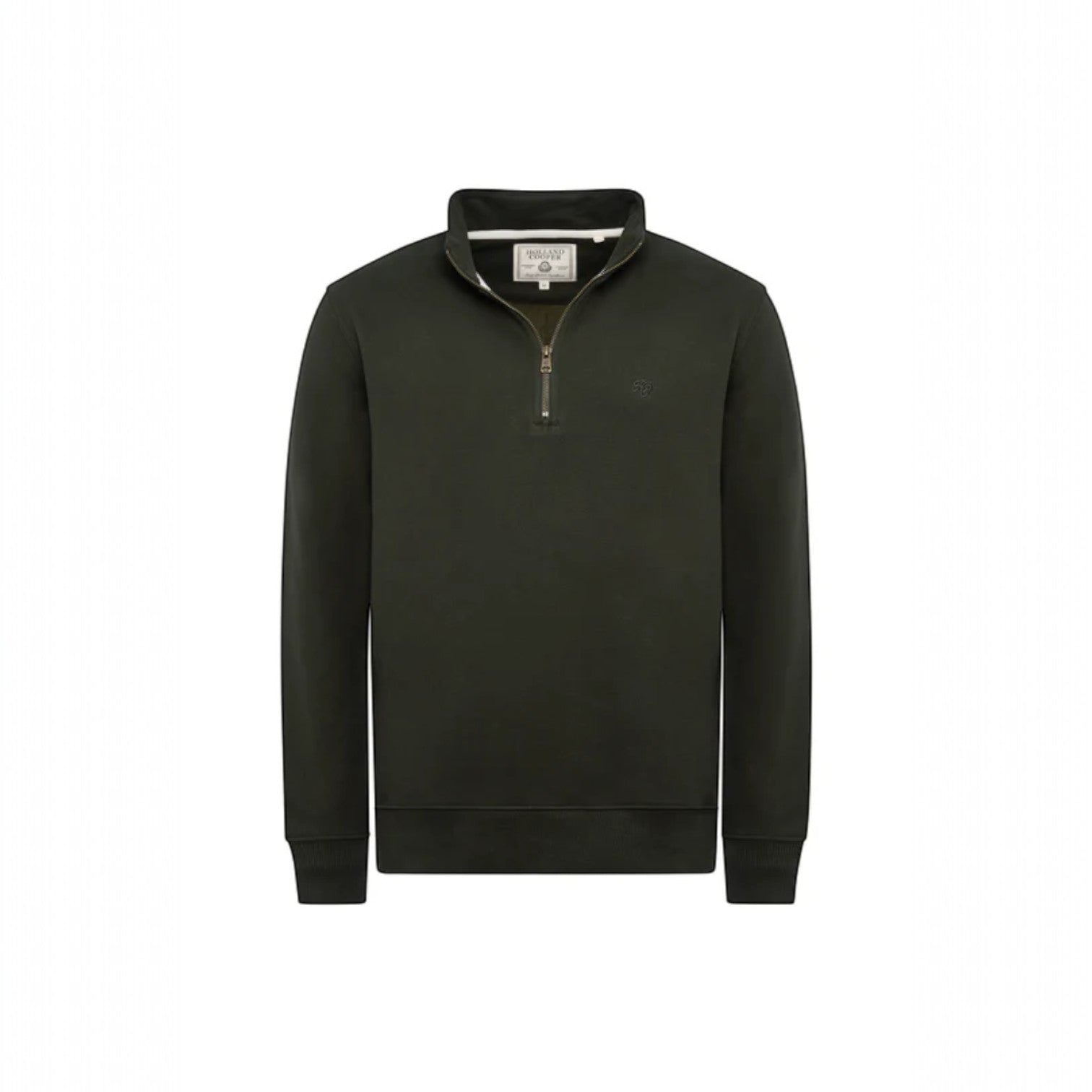Dark green pullover with a quarter zip on a white background
