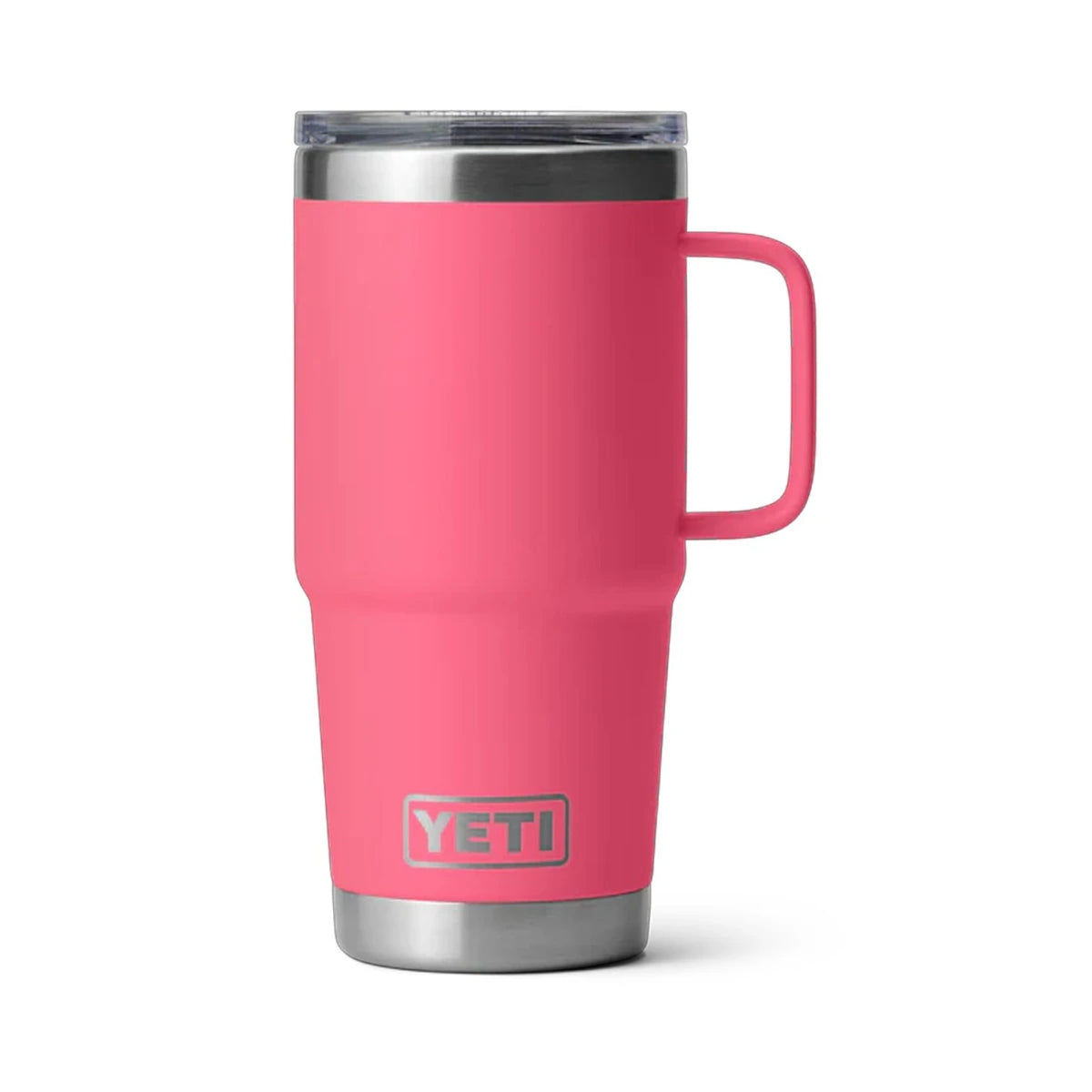A pink YETI insulated travel tumbler with a stainless steel base, a matching pink handle, and a clear lid, shown on a white background.