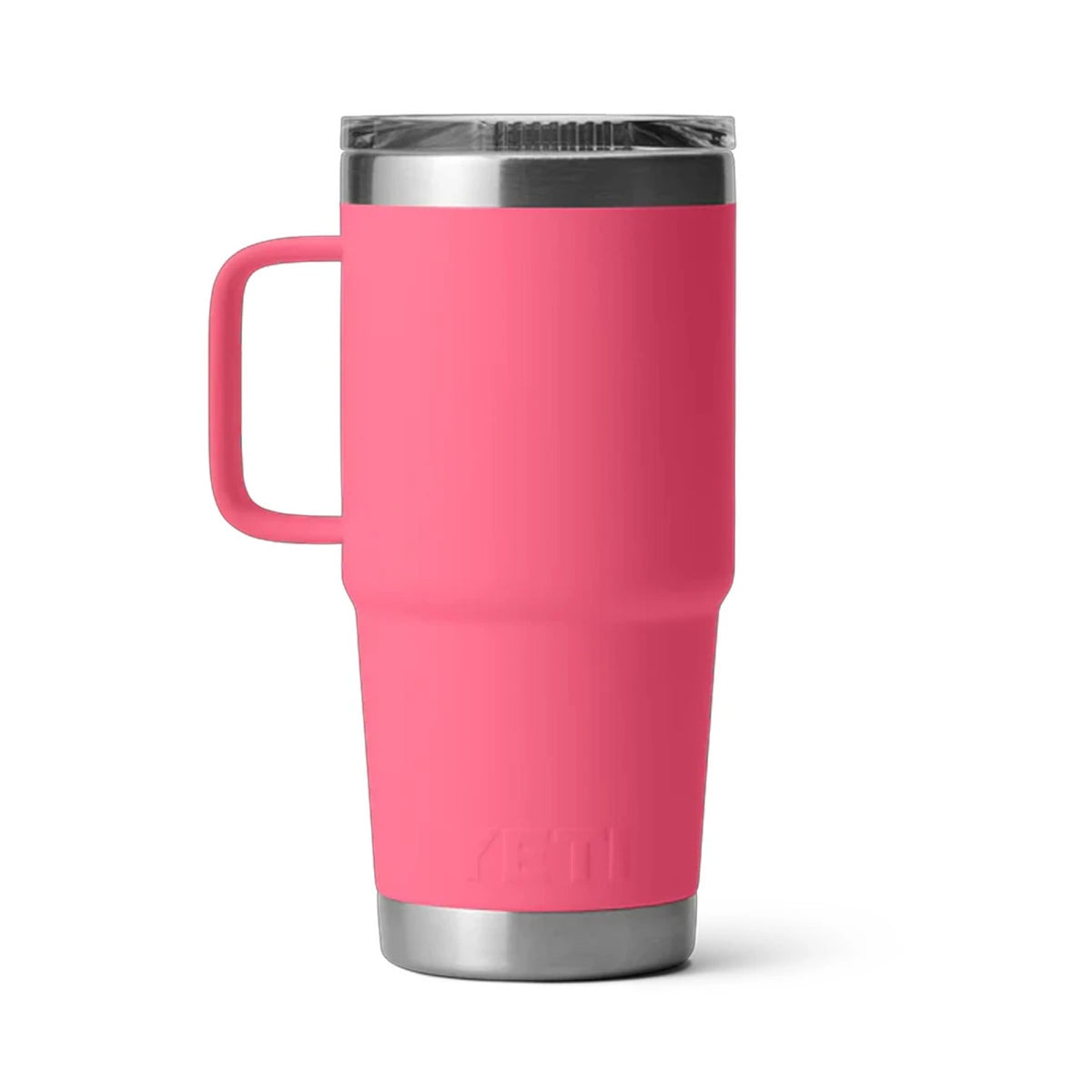 A pink Yeti travel tumbler with a stainless steel handle, lid, and base, shown on a clean white background.
