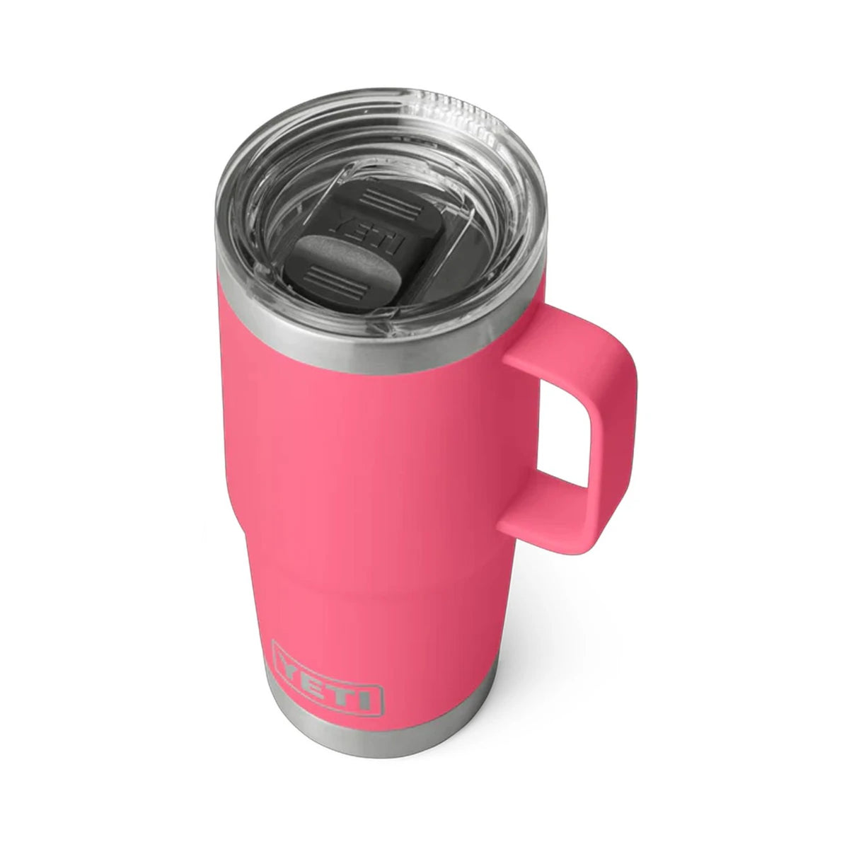 Pink YETI mug with a clear lid on a white background