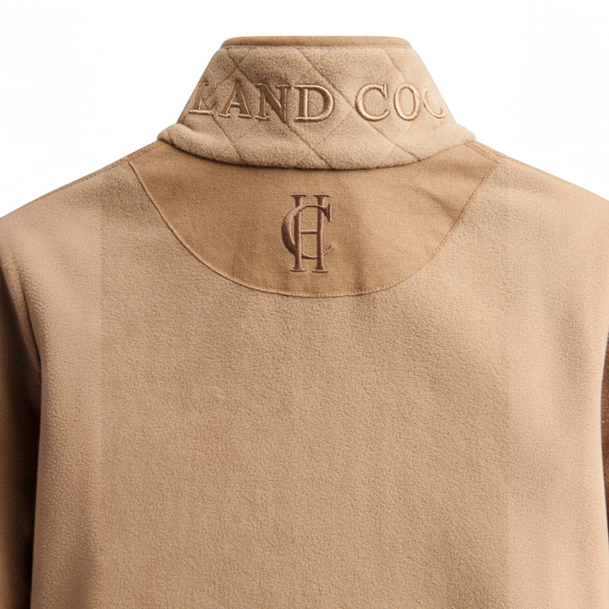 Close-up back view of a camel-colored fleece pullover sweater with a quilted neck collar. The collar features embroidered text reading 'LAND CO' and a matching embroidered monogram logo on the upper back.