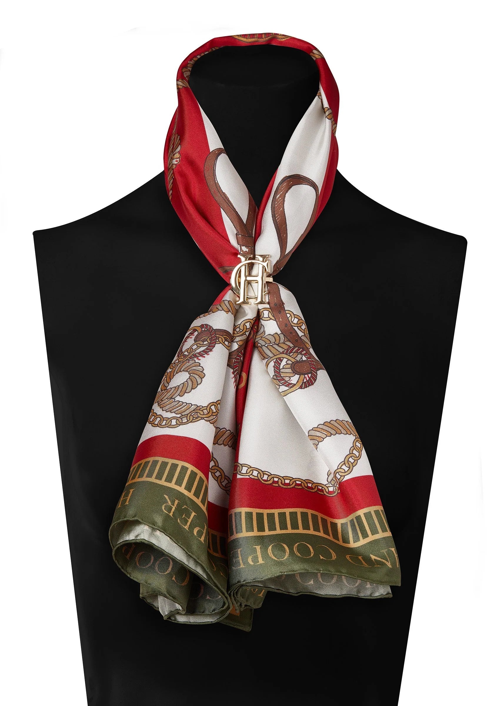 Holland Cooper Regal Horse Silk Scarf Racing Green Heritage Red