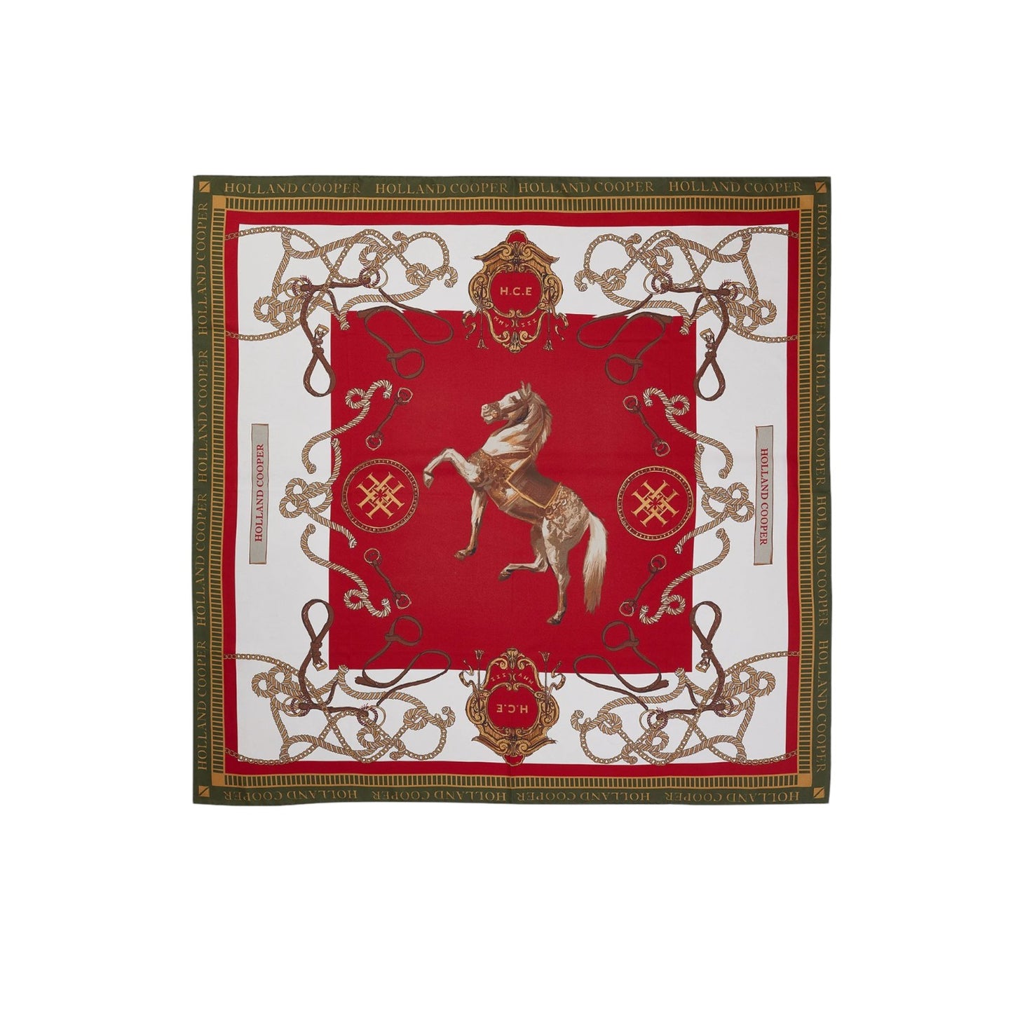 Holland Cooper Regal Horse Silk Scarf Racing Green Heritage Red
