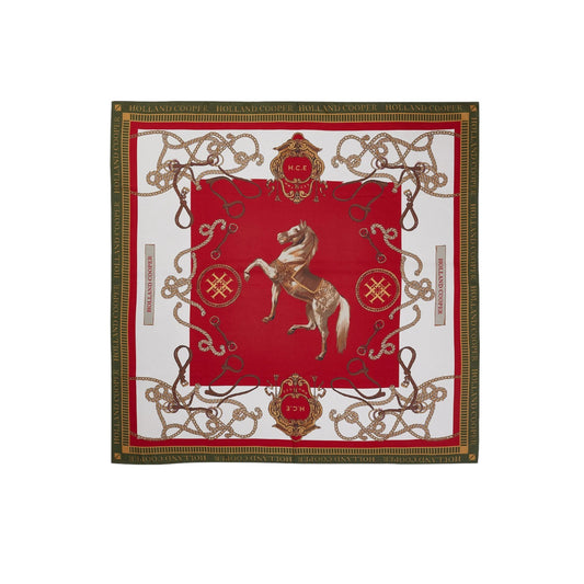 Holland Cooper Regal Horse Silk Scarf Racing Green Heritage Red