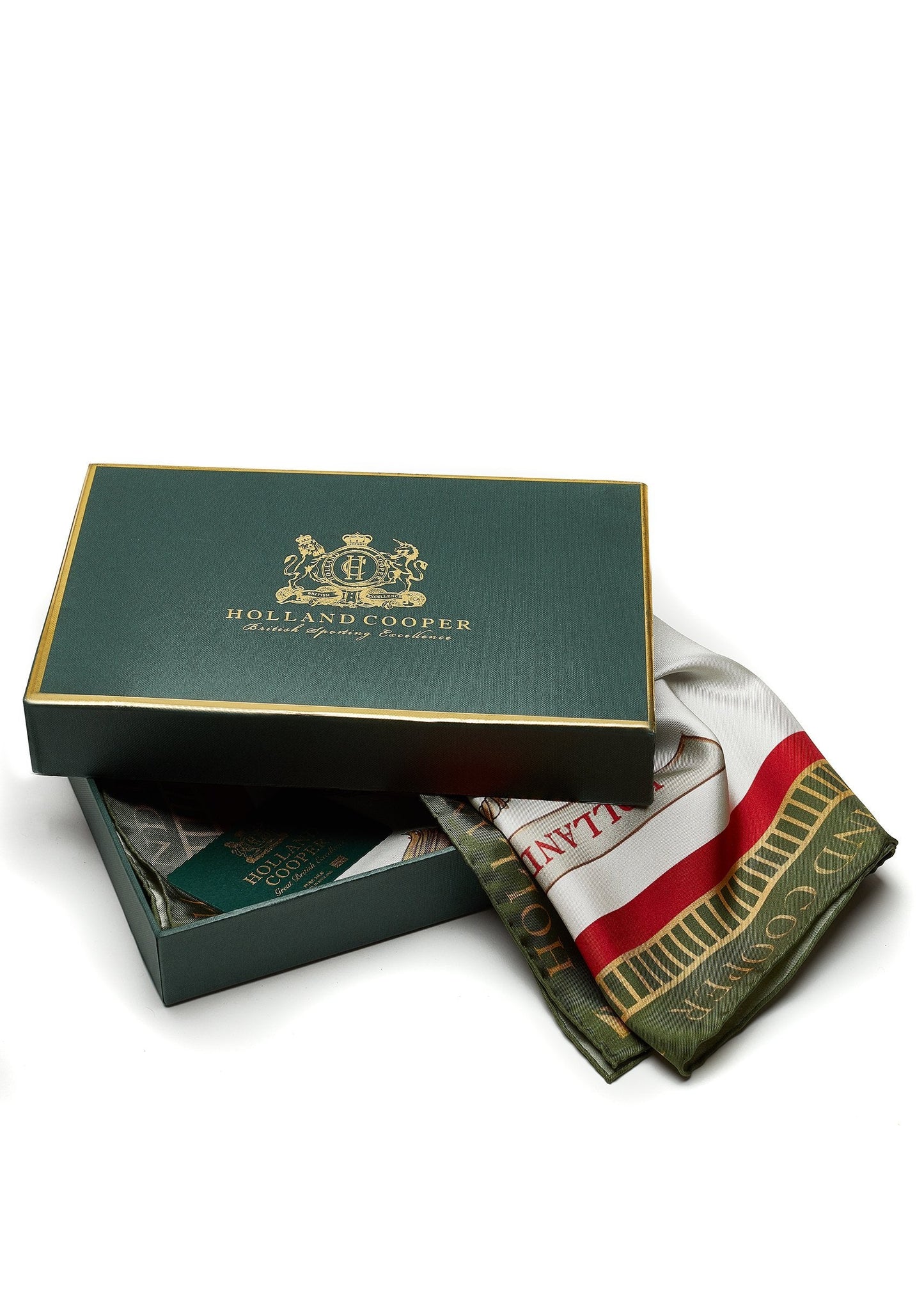 Holland Cooper Regal Horse Silk Scarf Racing Green Heritage Red