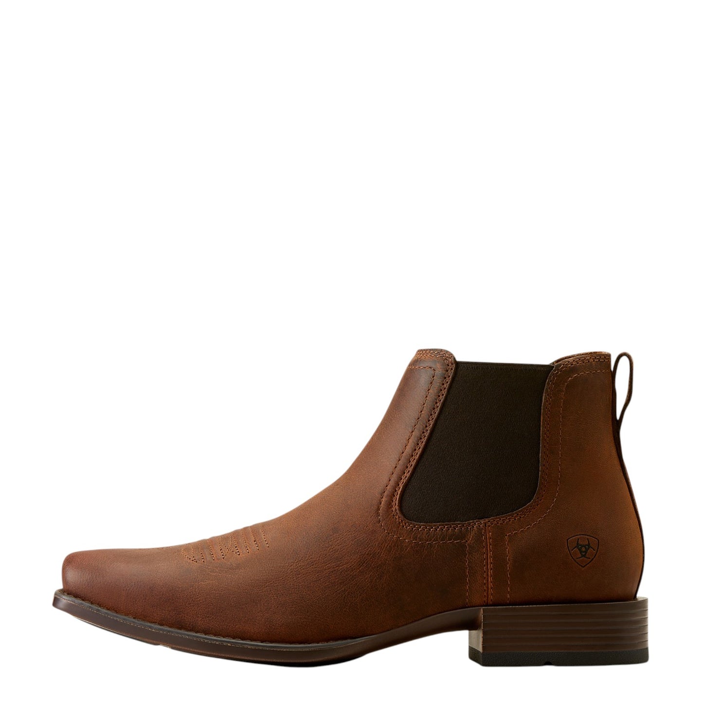 Brown leather boot with a visible brand logo on a beige background