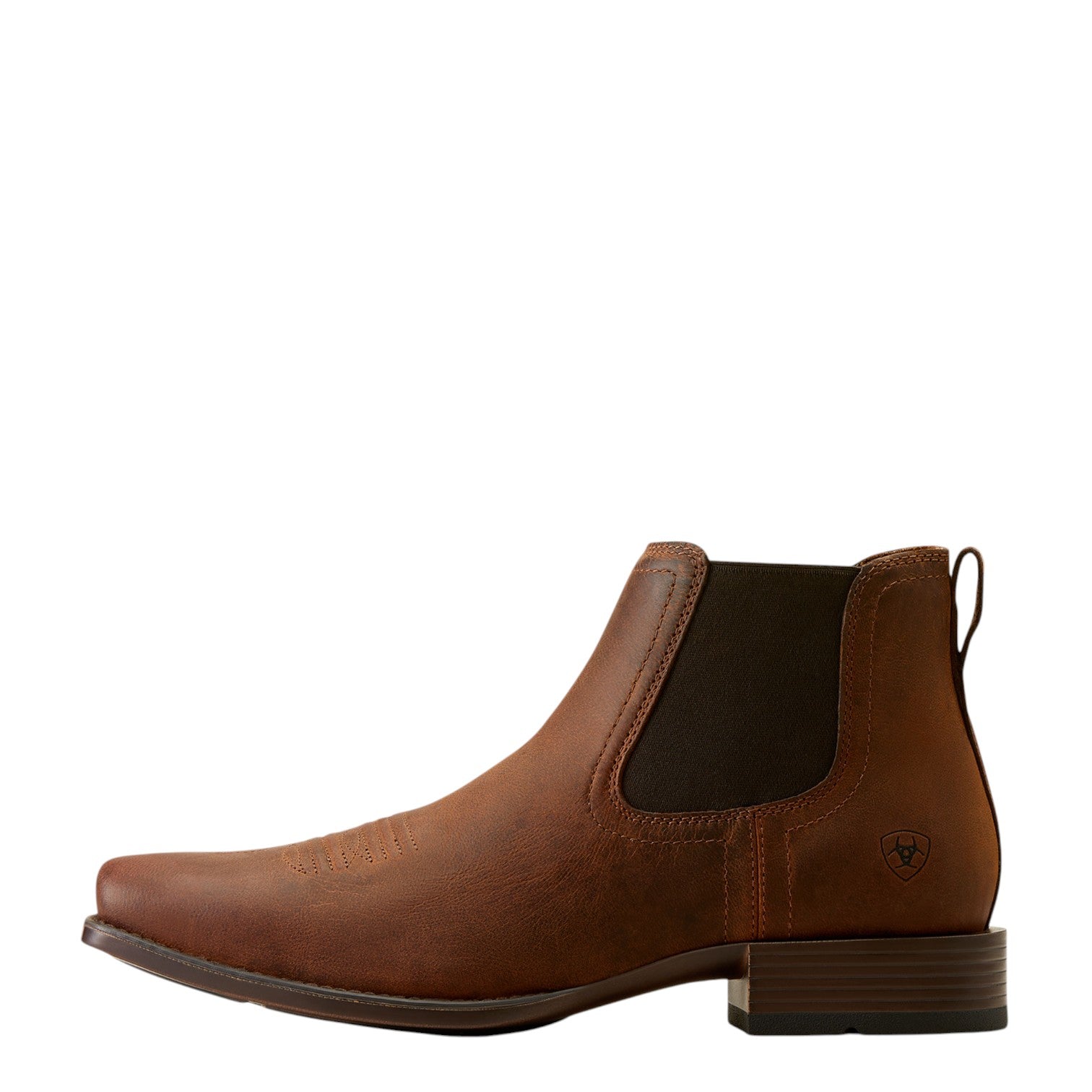 Brown leather boot with a visible brand logo on a beige background