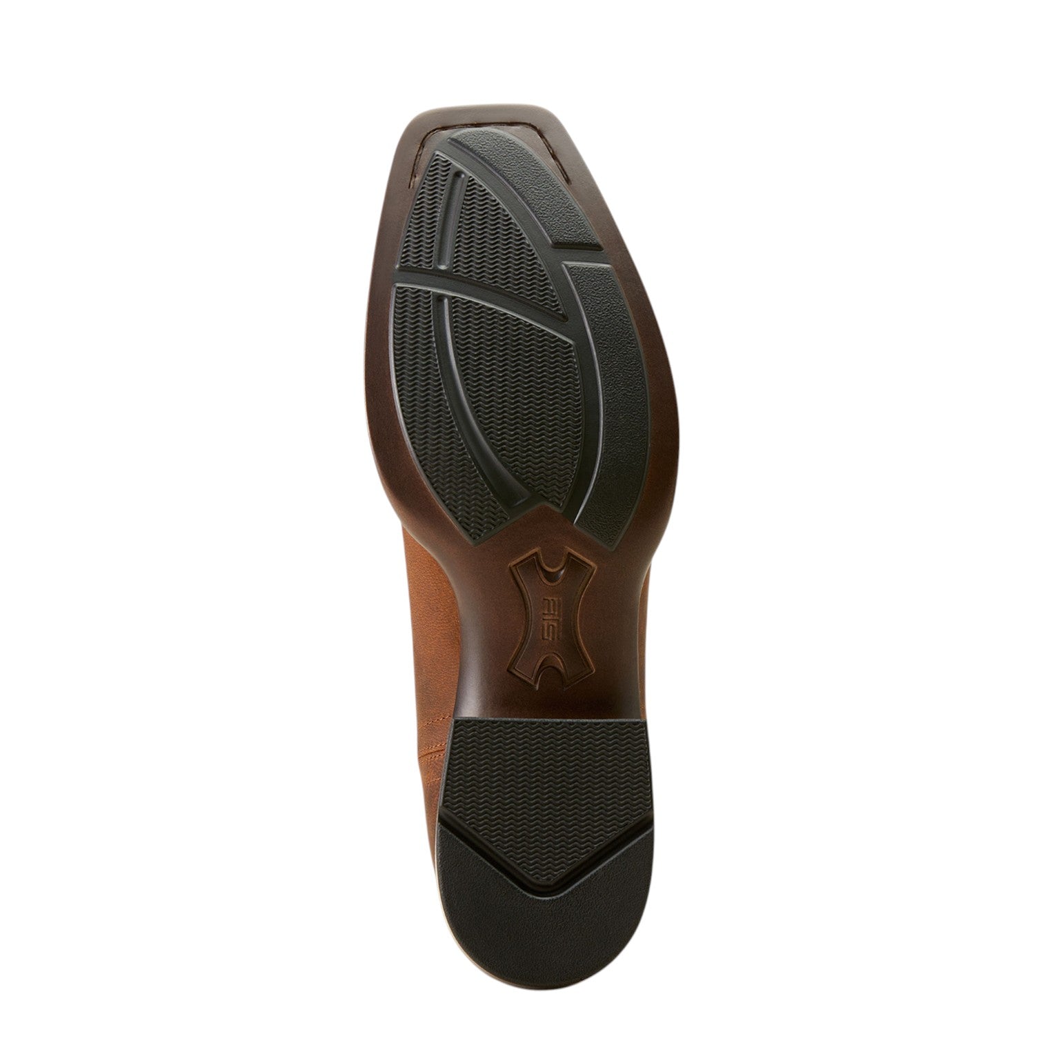 Close-up of a brown shoe sole with black tread pattern on a white background