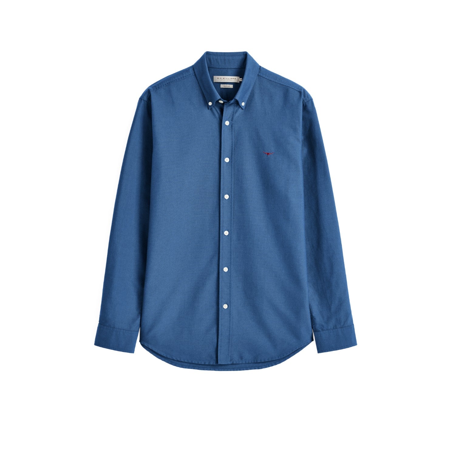 A blue long-sleeve button-down shirt with a small red embroidered logo on the left chest, displayed flat against a solid white background.