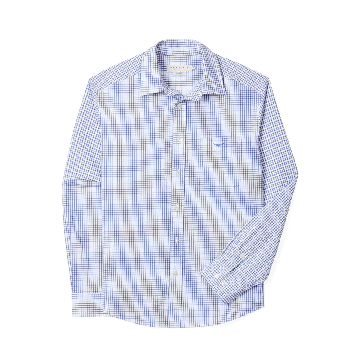 A long-sleeve button-down dress shirt in a fine blue and white gingham check pattern, featuring a pointed collar, white buttons, and a small embroidered logo on the left chest.