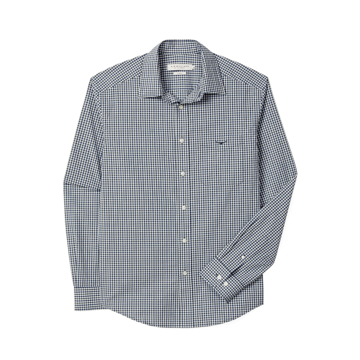 A long-sleeve button-down shirt with a small-scale blue and white gingham pattern, featuring a classic collar, button-up front, and a small embroidered logo on the left chest.