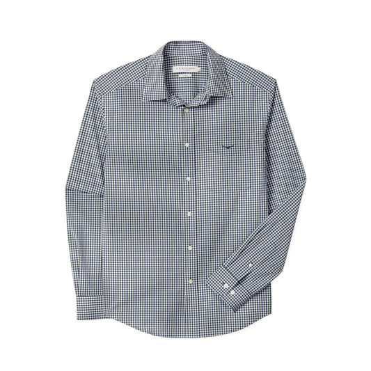 A long-sleeve button-down shirt with a small-scale blue and white gingham pattern, featuring a classic collar, button-up front, and a small embroidered logo on the left chest.