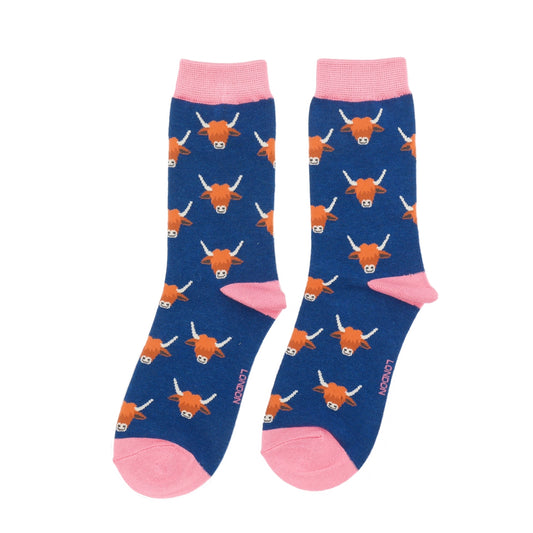 Miss Sparrow Highland Cows Navy Socks