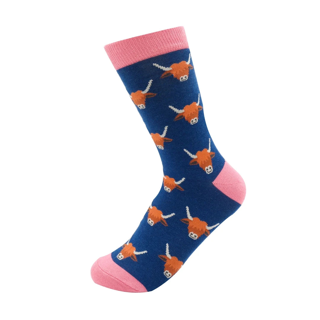 Miss Sparrow Highland Cows Navy Socks