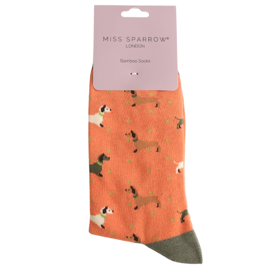 Miss Sparrow Sausage Dog & Spots Orange Socks