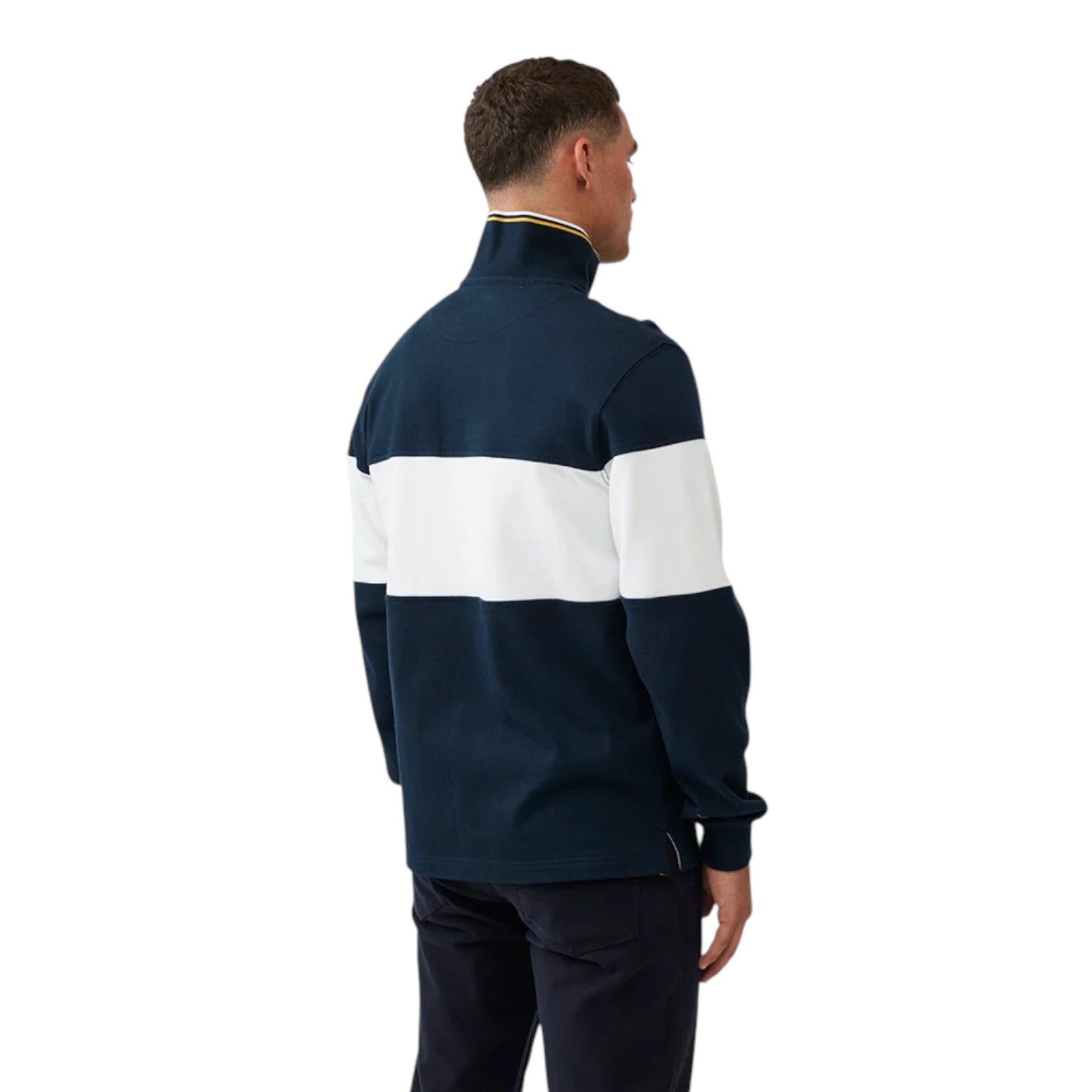 Man wearing a navy and white striped sweater on a white background