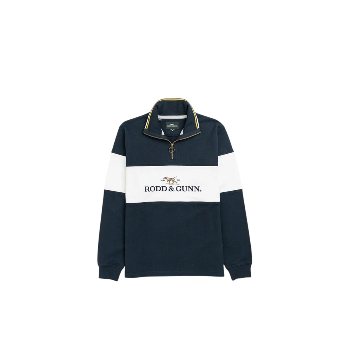Navy and white rugby-style shirt with 'Rodd & Gunn' logo on a white background