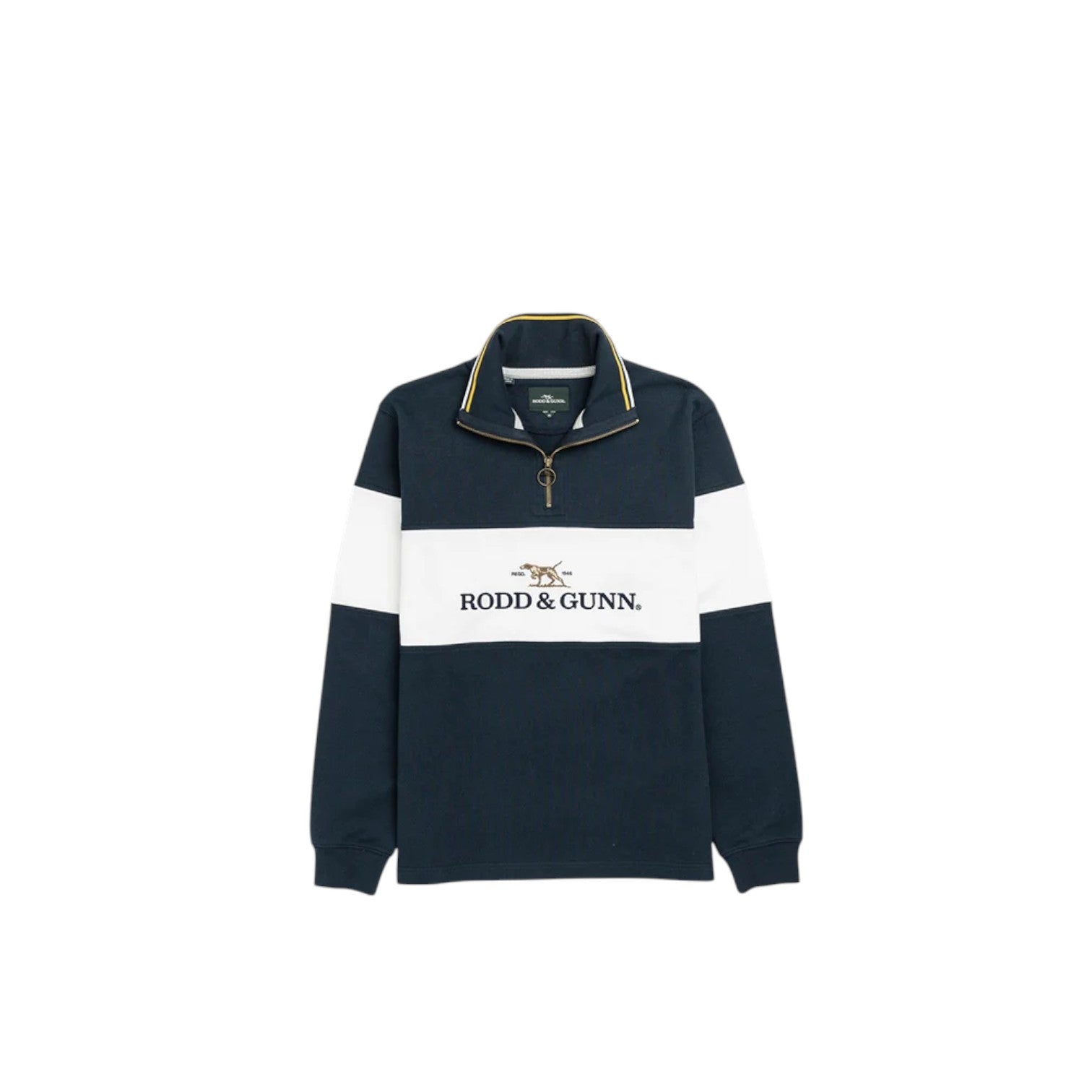 Navy and white rugby-style shirt with 'Rodd & Gunn' logo on a white background
