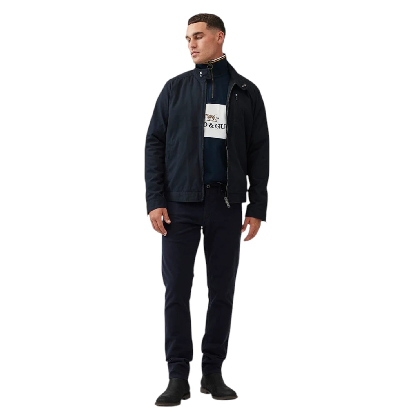 Man wearing a black jacket and pants on a white background