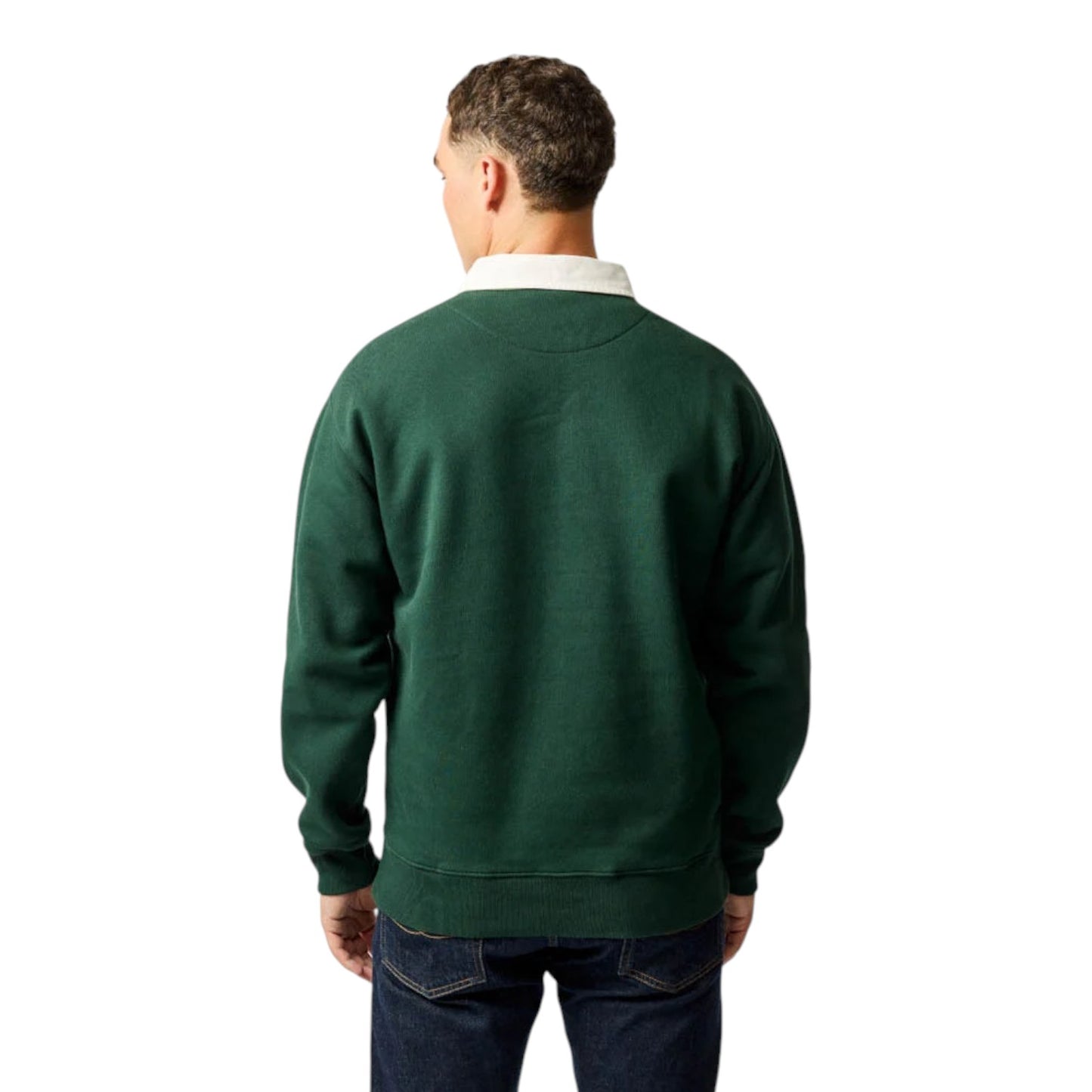 Man wearing a green sweater on a white background