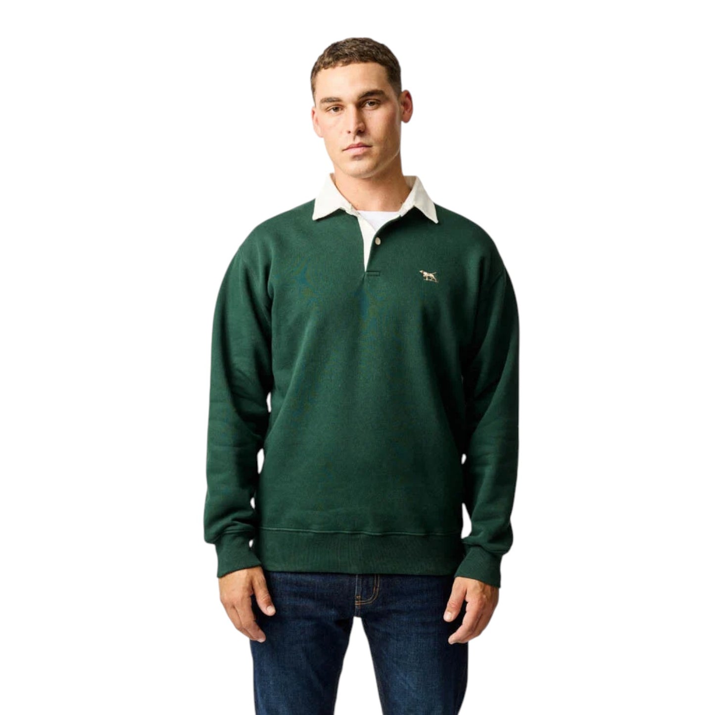Man wearing a green sweater with a logo on a white background