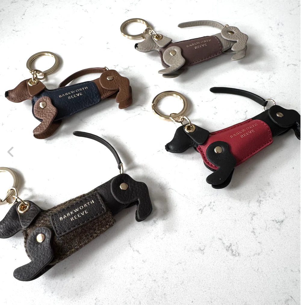 Barkworth Reeve Sausage Dog Key Ring Chocolate Leather & Brown Country Tweed